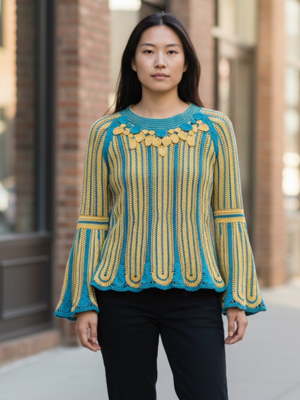 Nicole Miller Collection Y2K Crochet Knit Bell  Sleeve Sweater Size S